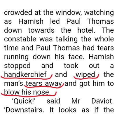 An extract from MC Beaton's Death of a Perfect Wife describing how a handkerchief is used to wipe tears and blowing of nose